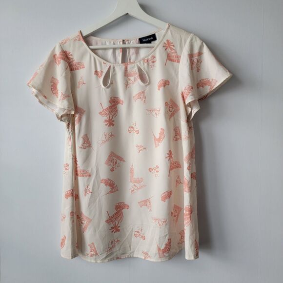 Modcloth womens Travel Print Blouse size L keyholes short Flutter Sleeve - Picture 1 of 10